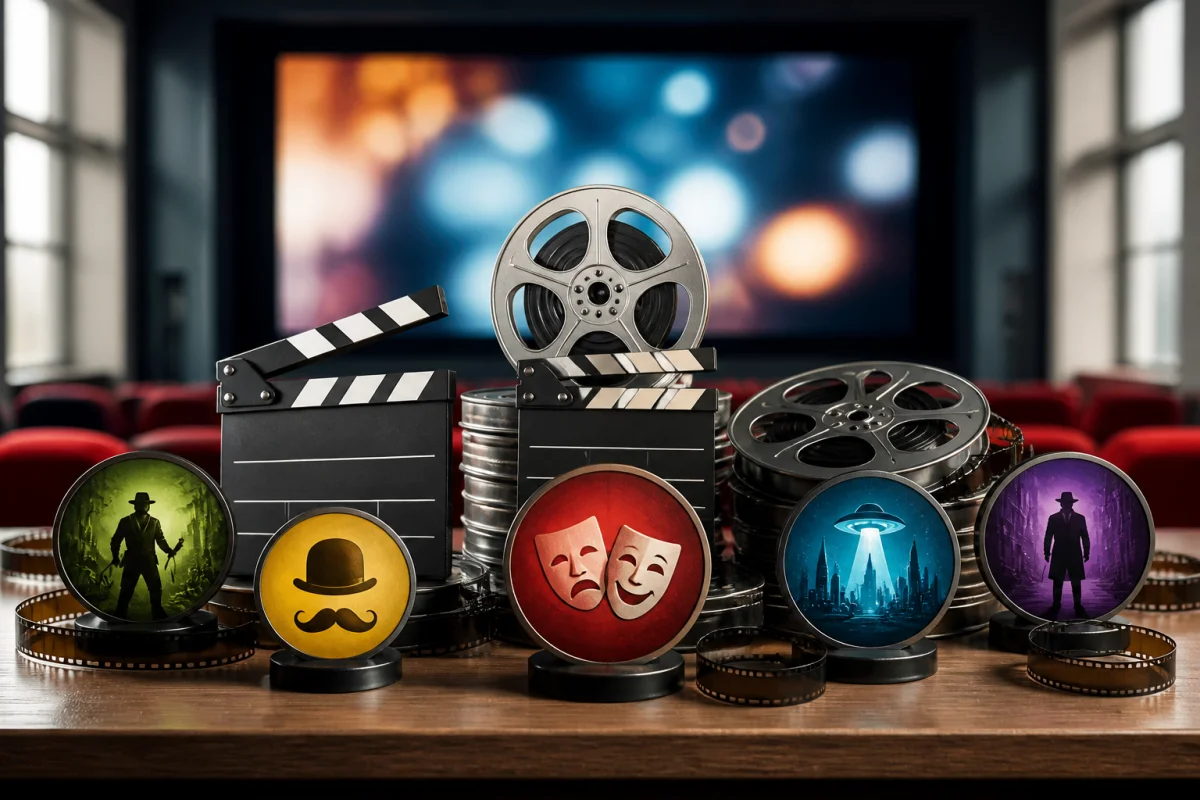 Collection de bobines et clapboards illustrant des films en O et plusieurs genres cinématographiques разнообраз.