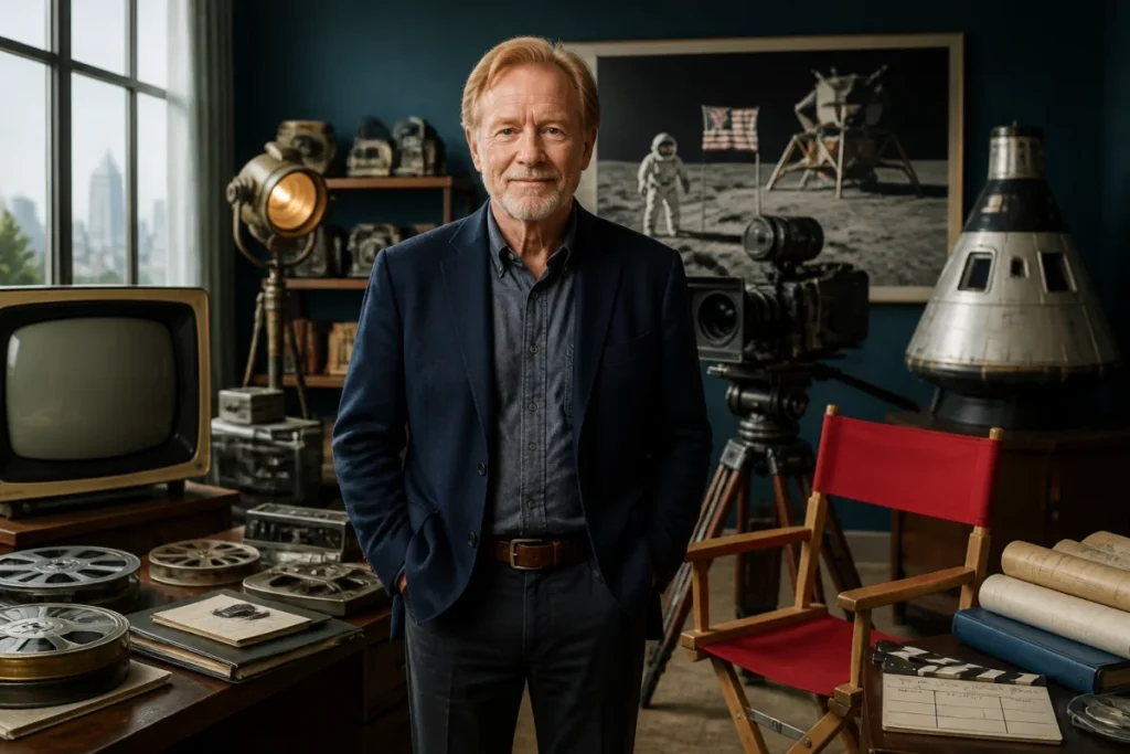 Ron Howard, ancien enfant acteur devenu réalisateur, dans un studio de cinéma entouré d’objets évoquant ses films et séries télévisées.