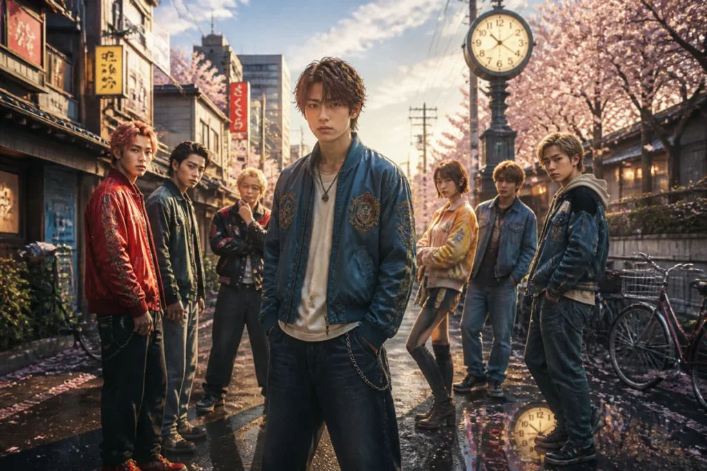 Groupe de personnages évoquant Tokyo Revengers, réunis dans une rue japonaise autour d’un protagoniste déterminé et d’une horloge ancienne
