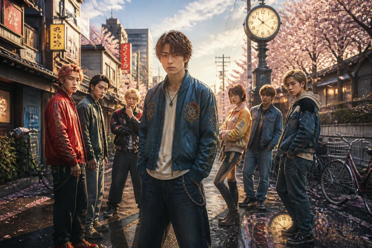 Groupe de personnages évoquant Tokyo Revengers, réunis dans une rue japonaise autour d’un protagoniste déterminé et d’une horloge ancienne
