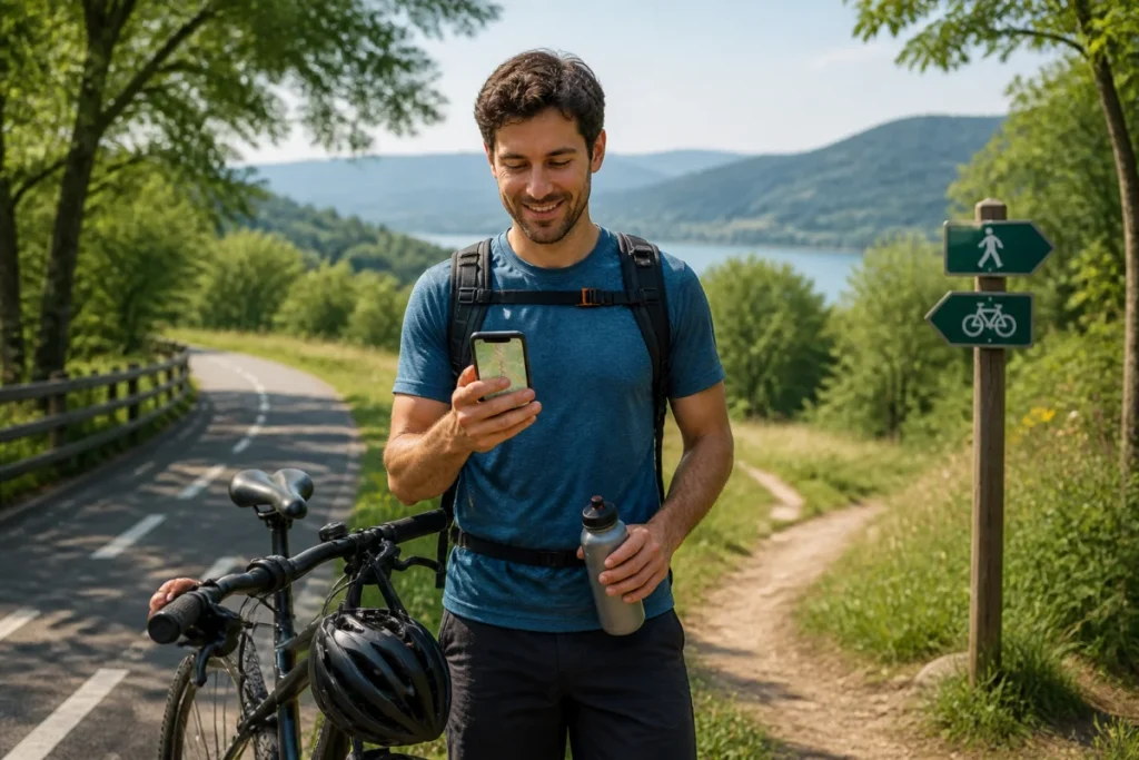 Voyageur à vélo consultant une application d’itinéraire, illustrant les applications de voyage utiles en vacances en pleine nature