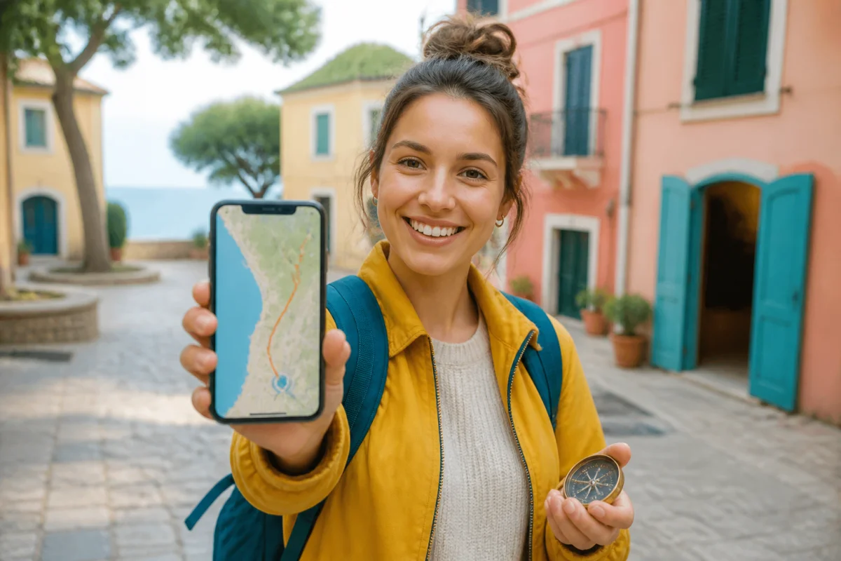 Voyageuse souriante consultant des applications de voyage utiles en vacances sur une carte hors connexion.