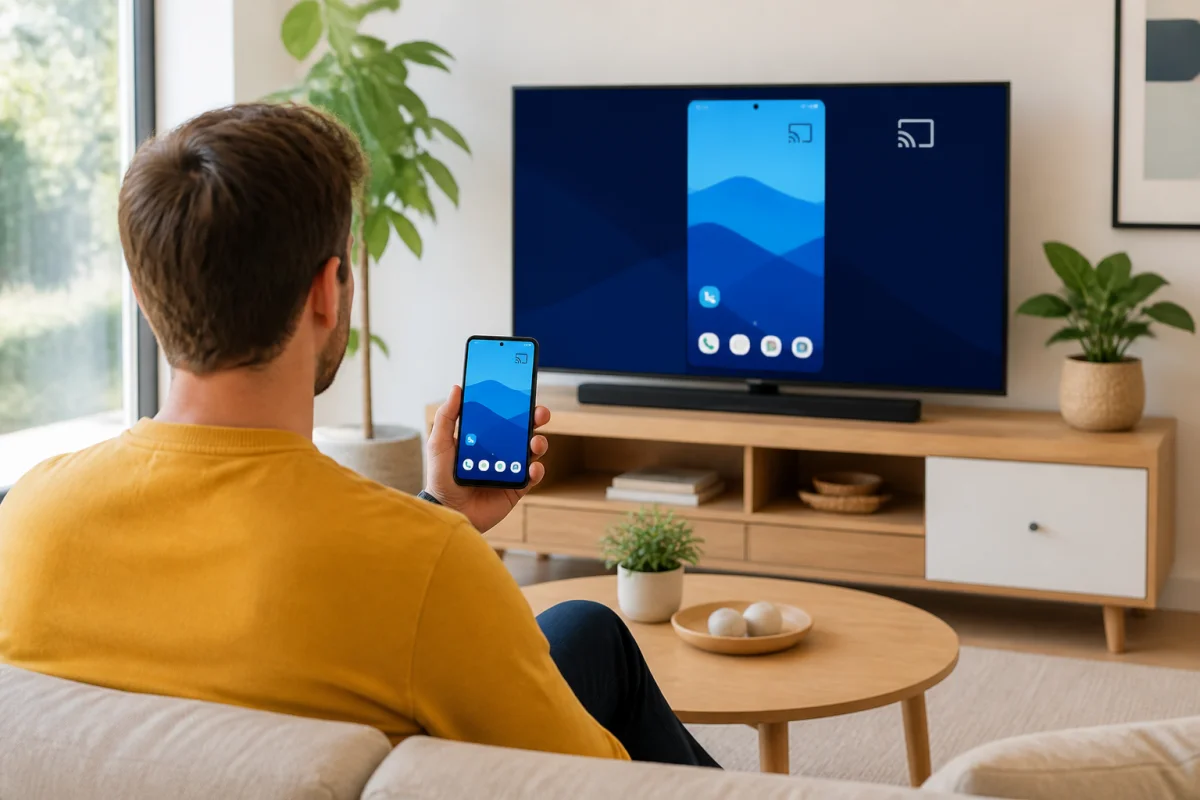 Adulte diffusant l’écran de son smartphone Android sur une télévision dans un salon contemporain lumineux