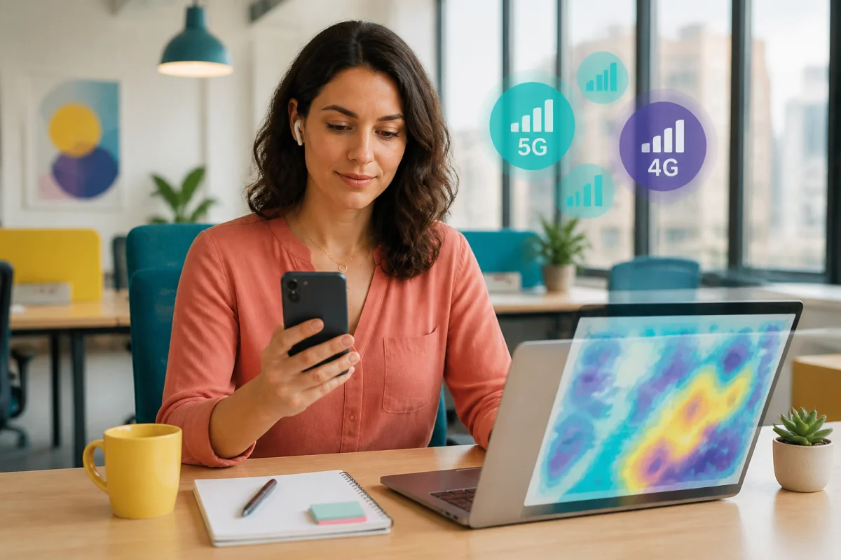 Télétravailleuse choisissant un forfait mobile pour télétravail, vérifiant la couverture réseau sur smartphone et ordinateur portable en espace coworking lumineux.