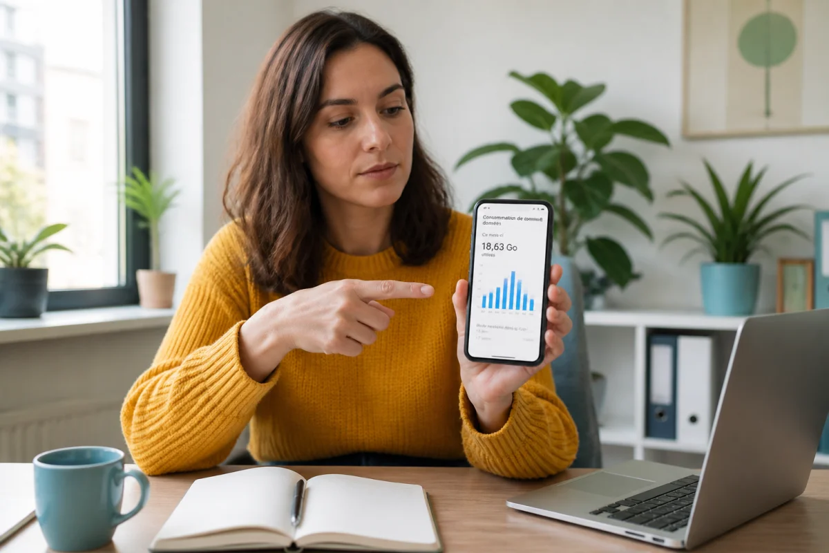 Jeune adulte consulte un smartphone affichant sa consommation mensuelle de données mobiles pour choisir son forfait