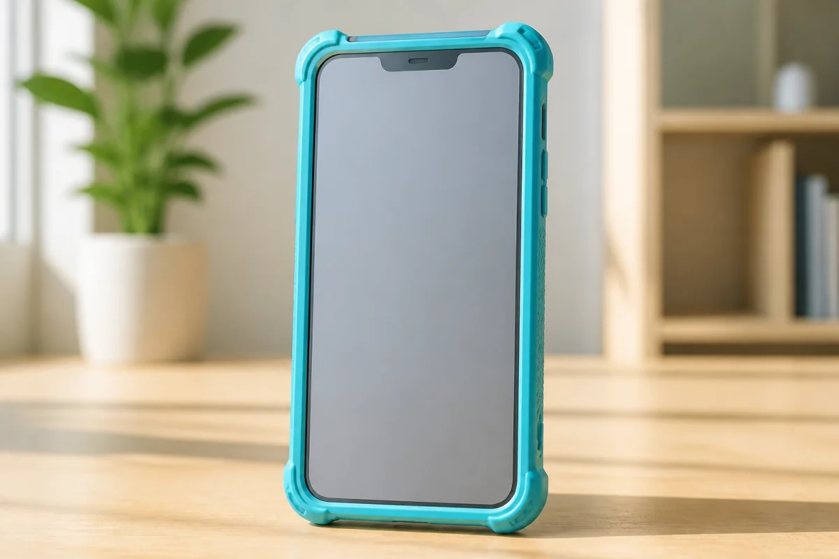 Smartphone gris dans une coque anti-choc turquoise, avec coins renforcés, tranches protectrices et rebord surélevé en bois clair