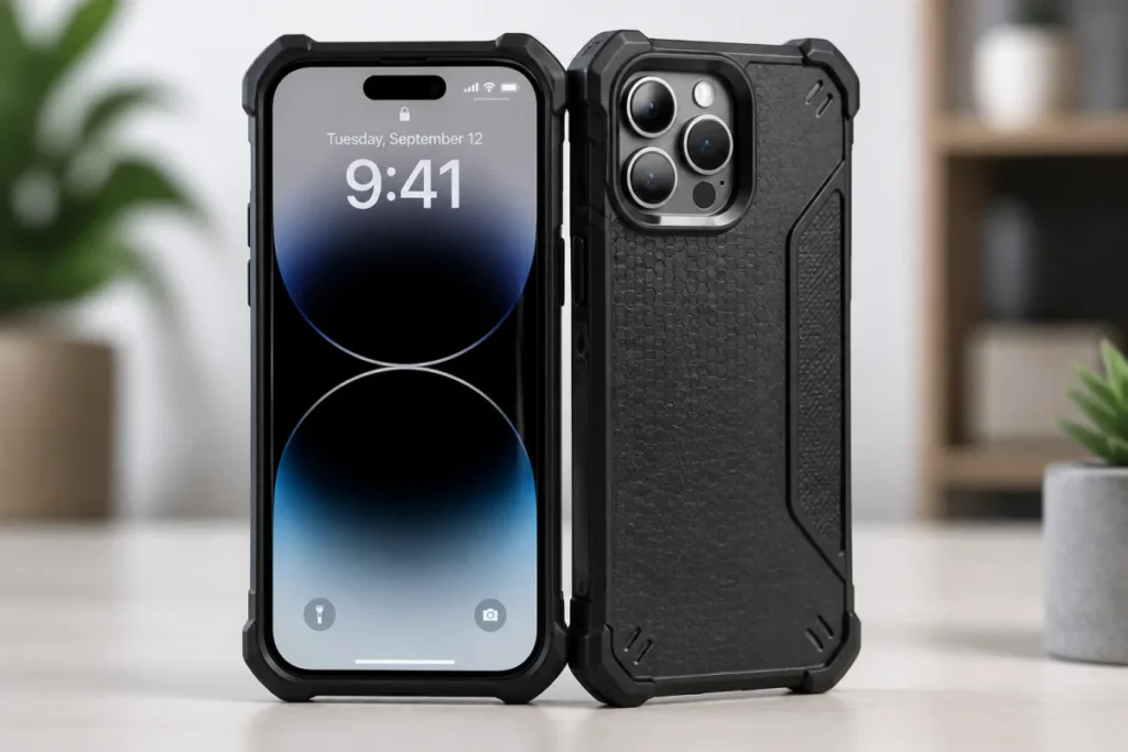 Bien choisir une coque anti-choc pour smartphone Smartphone moderne avec coque anti-choc renforcée, écran et module photo protégés sur une surface claire