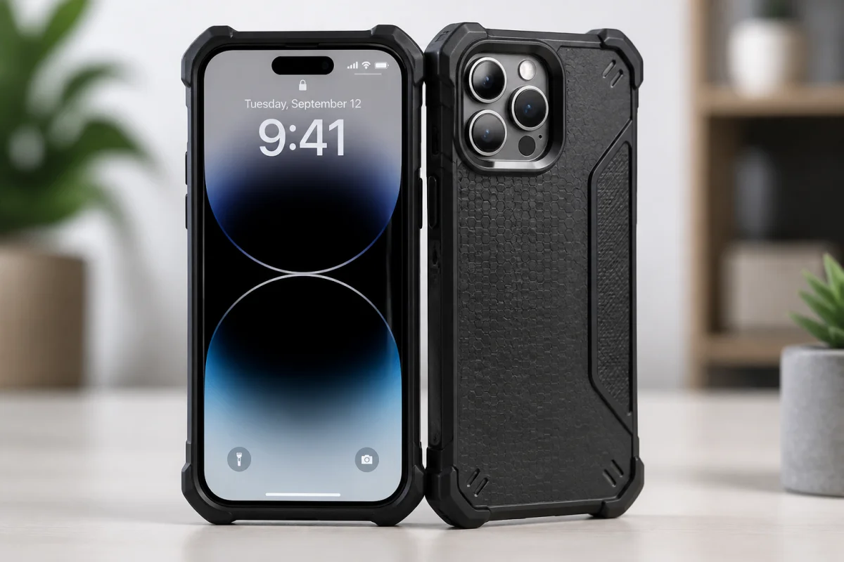 Smartphone moderne avec coque anti-choc renforcée, écran et module photo protégés sur une surface claire