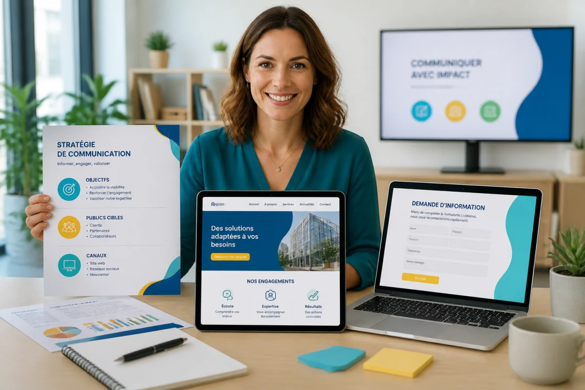 Docinfo accompagne une professionnelle présentant un document imprimé, une page Web sur tablette et un formulaire numérique.