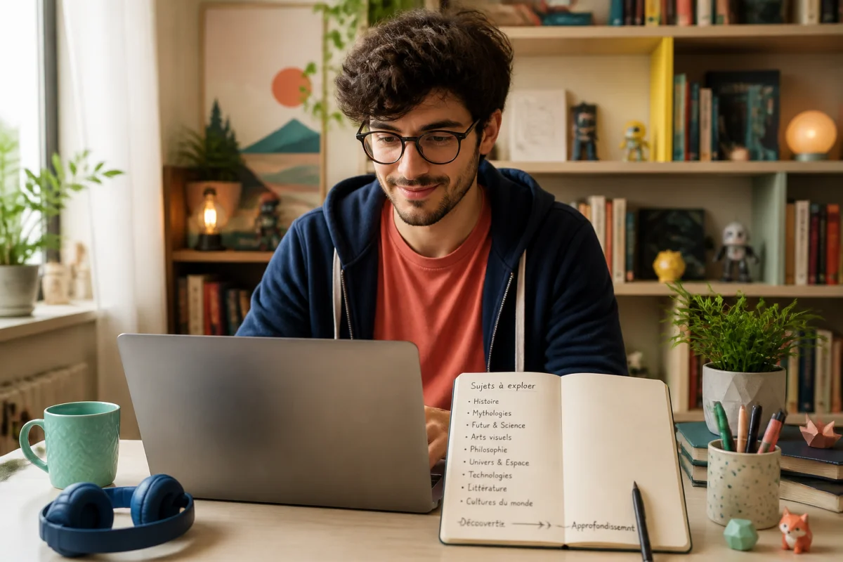 Geekodrome : jeune passionné de culture geek consultant un ordinateur portable, carnet ouvert et livres dans un coin lecture chaleureux.