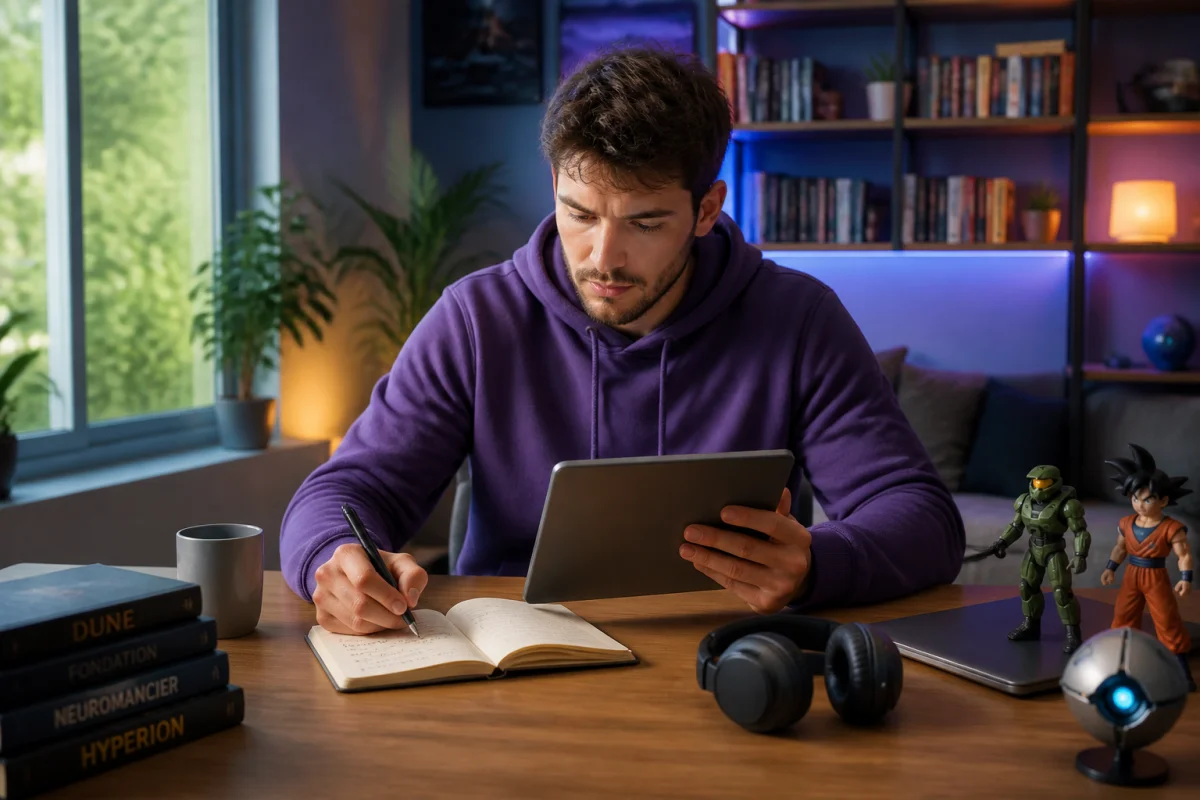 Passionné de culture geek lisant sur une tablette et notant une idée dans un carnet, entouré d’objets technologiques inspirants