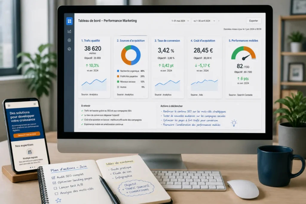 Tableau de bord web présentant cinq indicateurs clés pour mesurer la performance d’un site web.