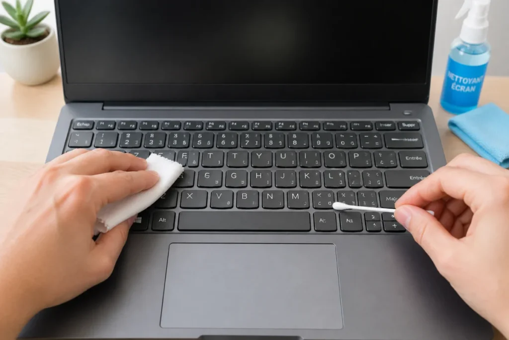 Nettoyage du clavier d’un ordinateur portable avec microfibre humide et coton-tige entre les touches