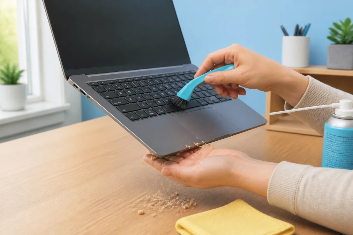 Nettoyer le clavier d’un ordinateur portable avec une brosse souple, miettes retirées délicatement et air sec.