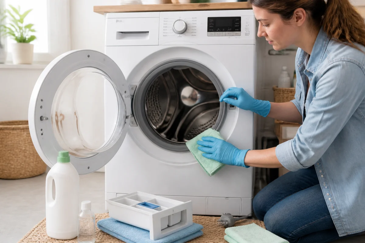 Personne nettoyant prudemment un lave-linge débranché avec une microfibre et des gants en nitrile dans une buanderie lumineuse