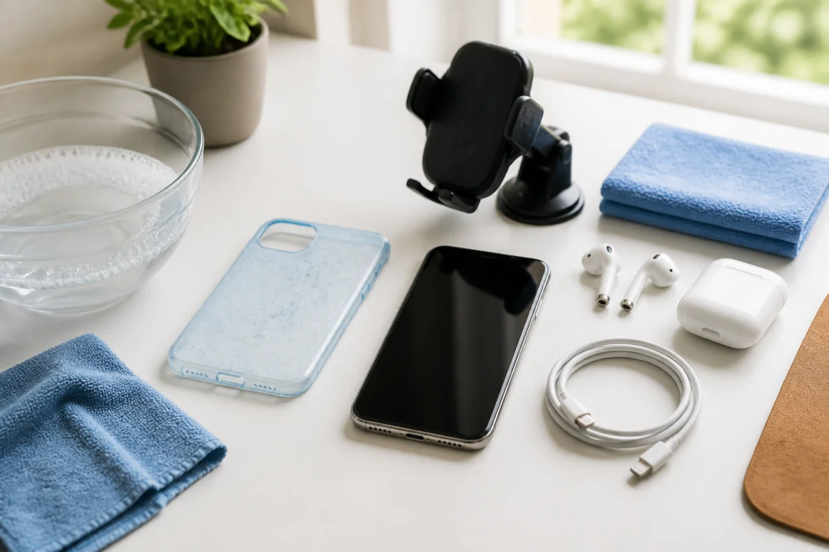 Smartphone propre et accessoires désinfectés après un nettoyage en profondeur, avec microfibre, eau savonneuse et coque lavée