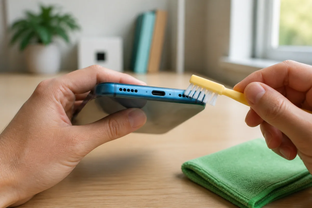 Nettoyage en profondeur d’un smartphone avec une brosse souple sèche sur la grille du haut-parleur et les microphones