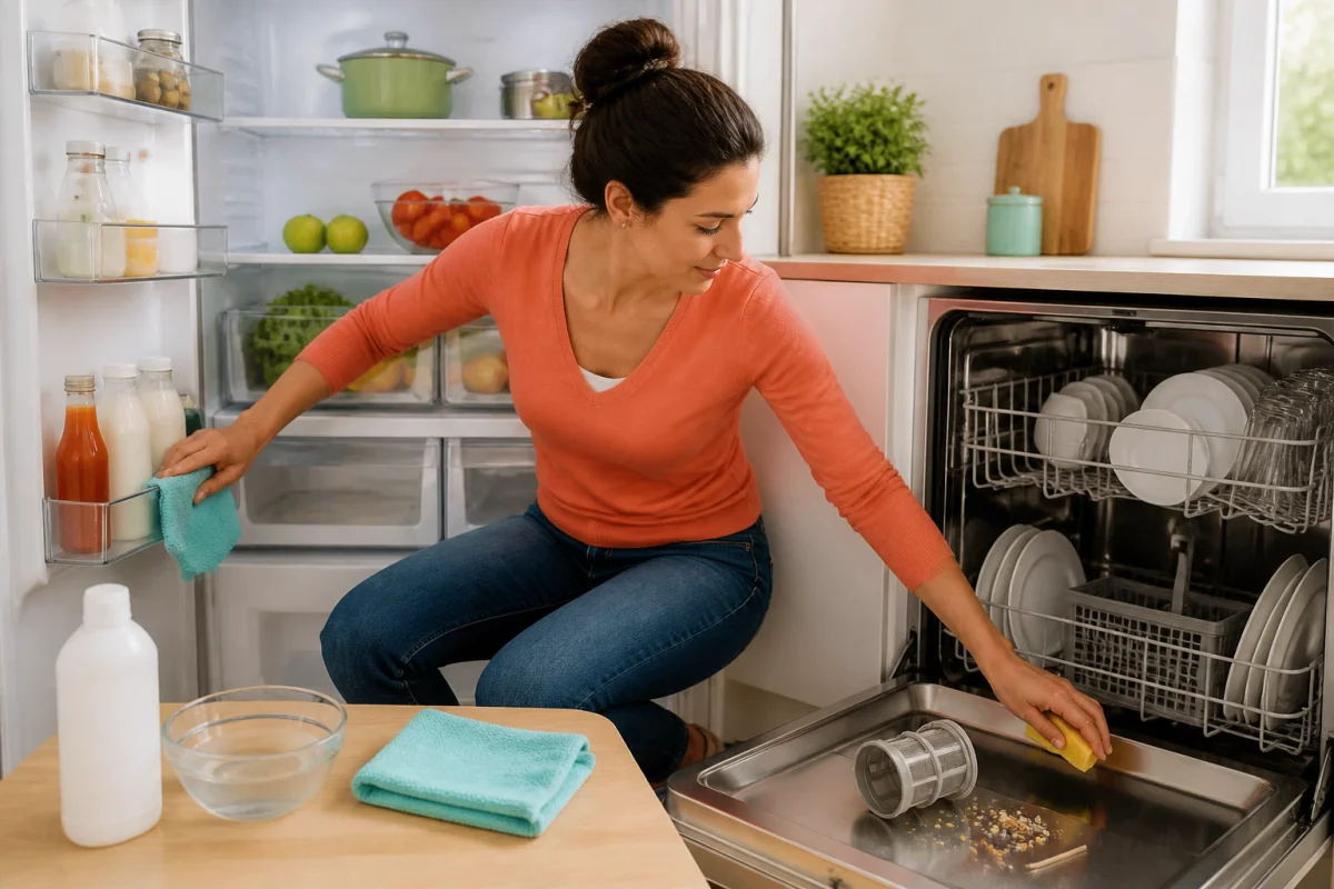 Nettoyer son électroménager au quotidien avec un chiffon doux, un réfrigérateur et un lave-vaisselle ouverts en cuisine