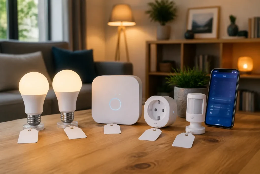 Comment choisir des objets connectés pour la maison Objets connectés pour la maison : ampoules, prise intelligente, capteur de mouvement et passerelle centrale sur une table
