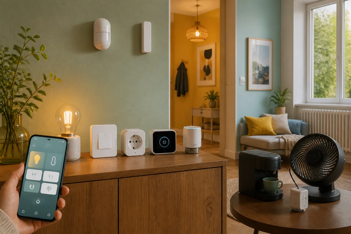 Objets connectés pour la maison dans un salon moderne : ampoule, thermostat, capteurs, prise et interrupteur pilotés par smartphone