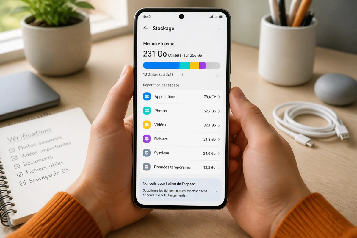 Smartphone affichant la gestion du stockage pour optimiser l’espace sans supprimer ses souvenirs précieux