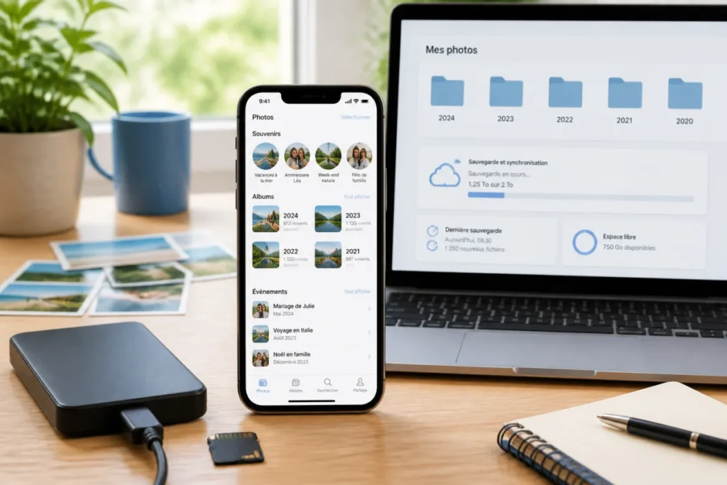 Smartphone affichant une galerie organisée, entouré d’un ordinateur, disque externe et carte mémoire pour optimiser son stockage