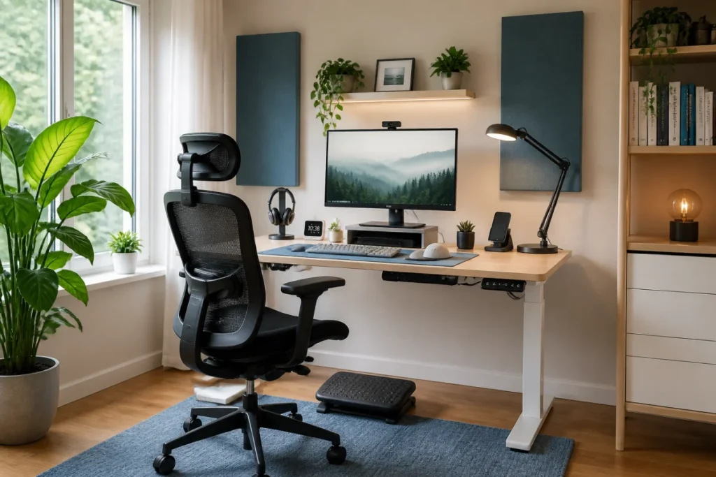 Poste de travail ergonomique à domicile avec bureau réglable, chaise confortable et écran à hauteur des yeux