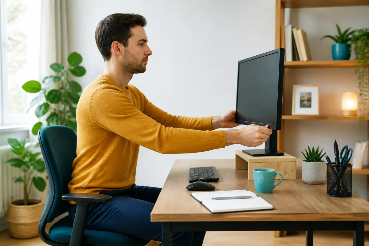 Adulte réglant un écran pour créer un poste de travail ergonomique à domicile dans un bureau lumineux