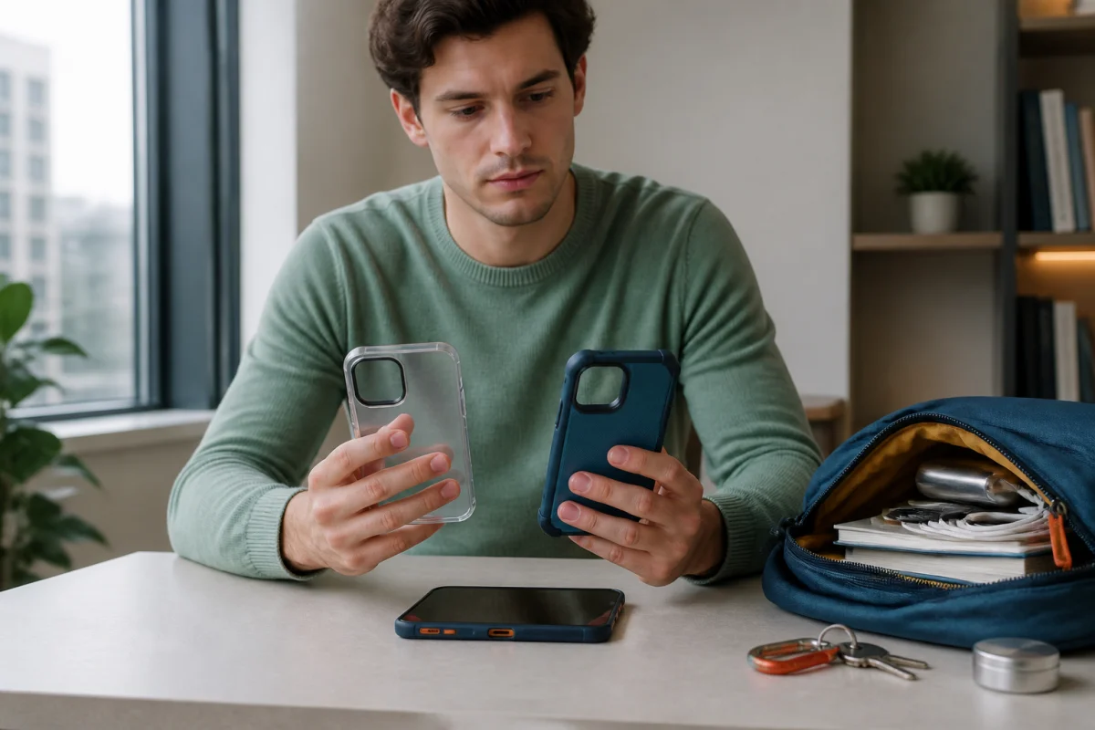 Personne comparant des coques de protection antichoc pour protéger son smartphone des chocs au quotidien