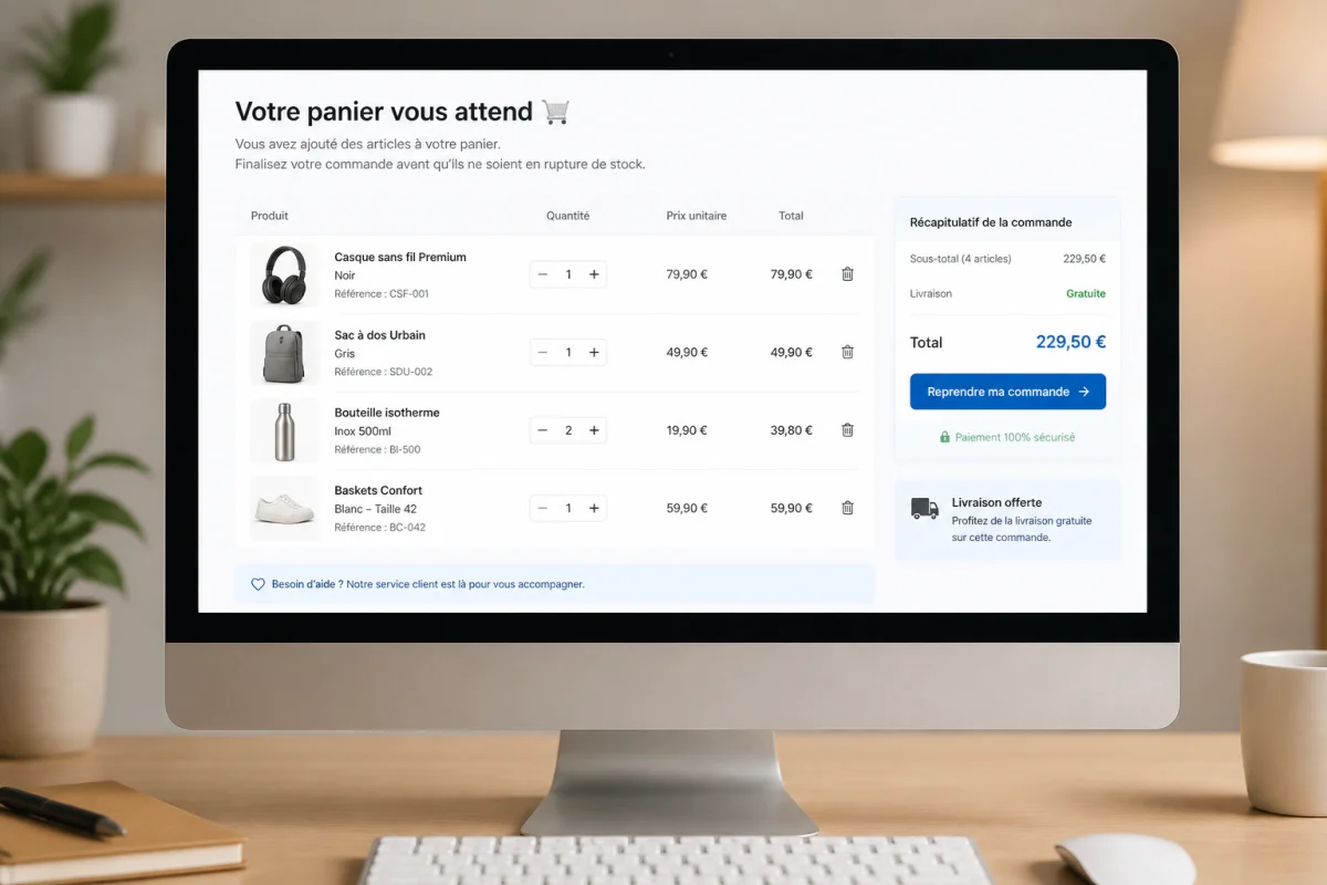 Interface de panier abandonné affichant produits, prix, quantités et bouton de reprise de commande en ligne