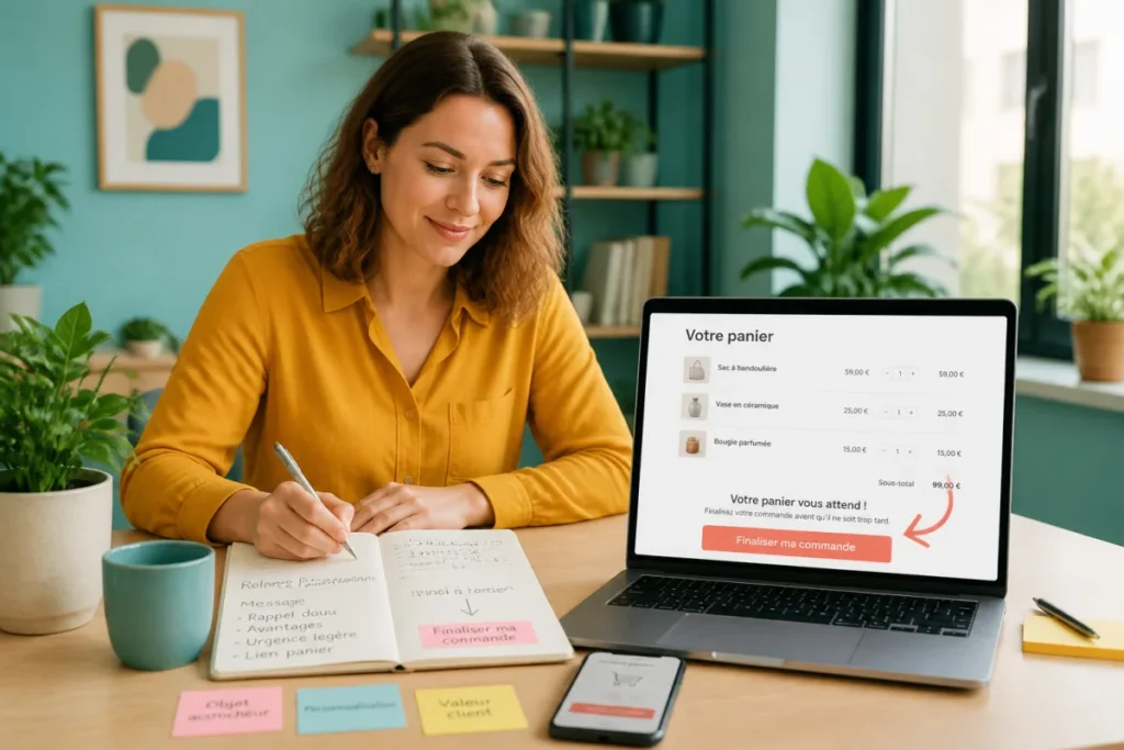 Réussir sa relance panier abandonné Professionnelle du marketing rédigeant un appel à l’action pour une relance de panier abandonné sur ordinateur portable