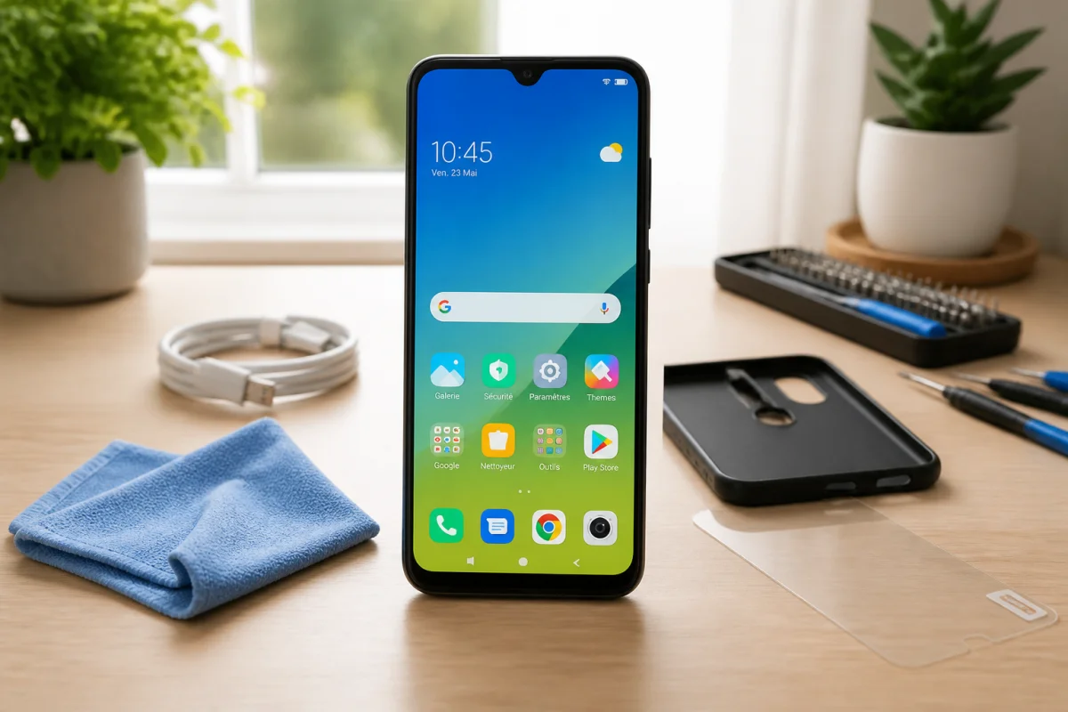 Smartphone réparé avec écran intact, outils discrets et accessoires d’entretien sur un bureau lumineux