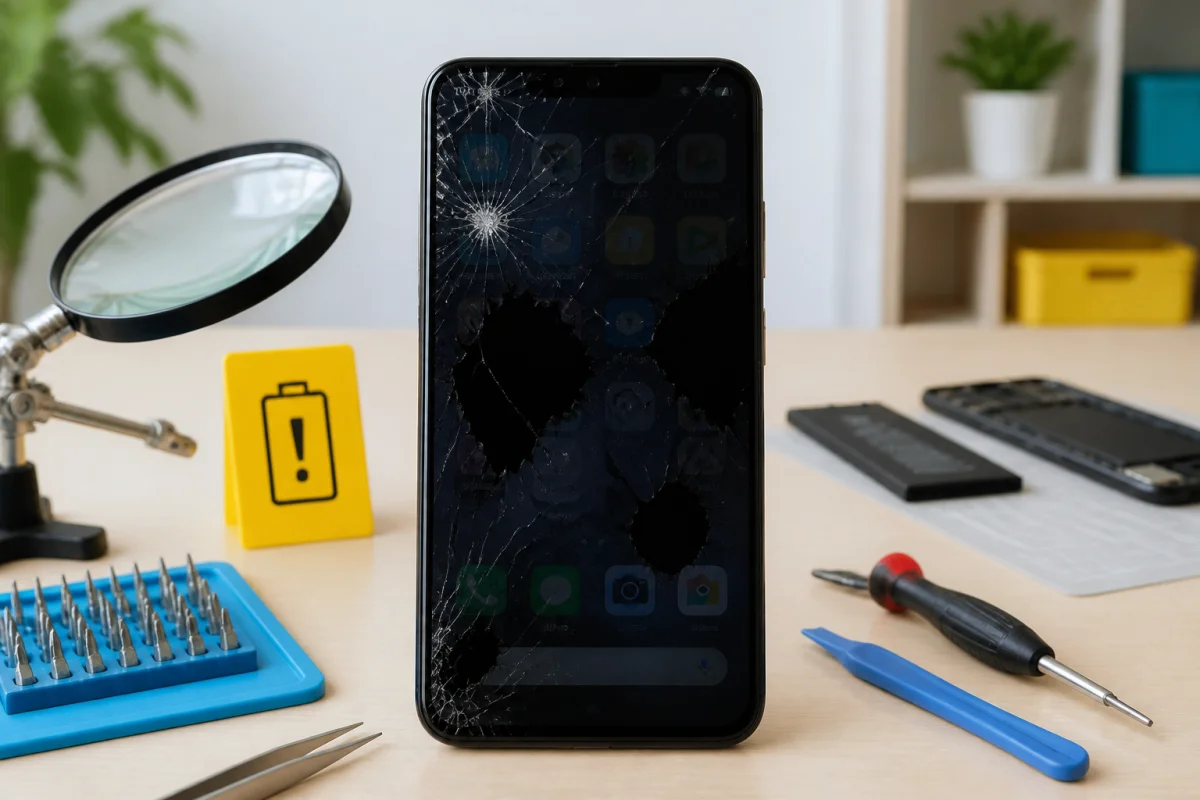 Smartphone à écran fissuré entouré d’outils de réparation, illustrant comment réparer un smartphone cassé prudemment