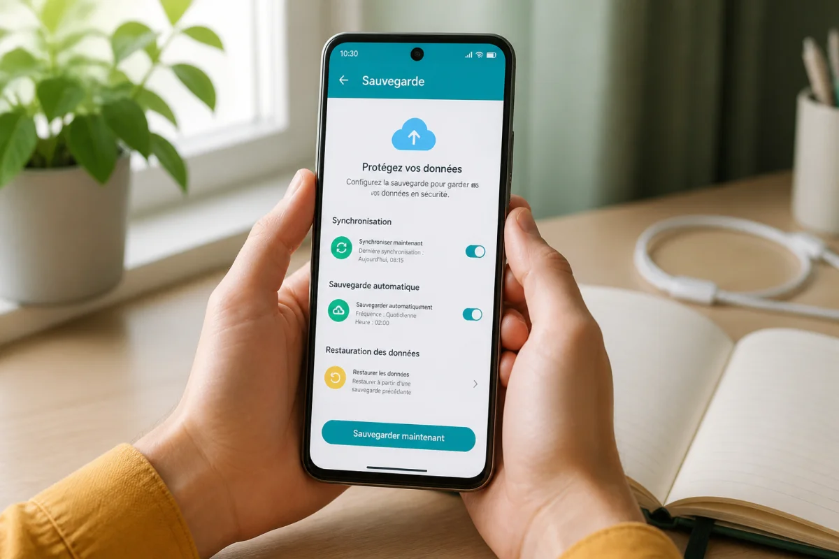 Smartphone affichant les options de sauvegarde de données, tenu sur un bureau lumineux avec plante verte et carnet ouvert