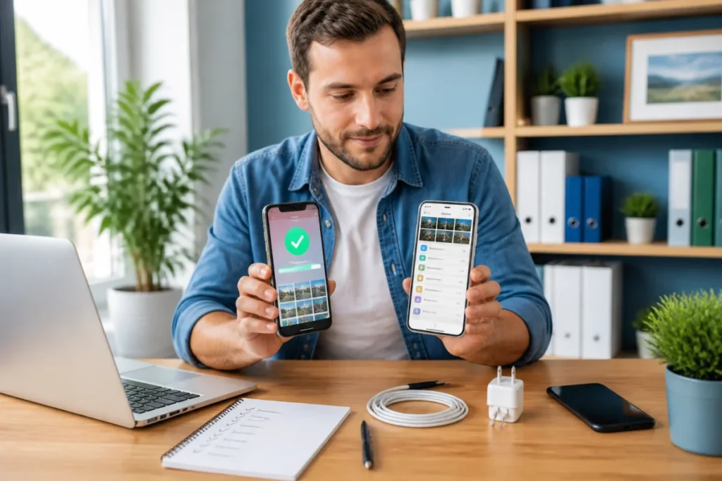 Réussir la sauvegarde des données de son smartphone Personne préparant la sauvegarde de données d’un ancien smartphone vers un nouveau, avec galerie, contacts et applications visibles