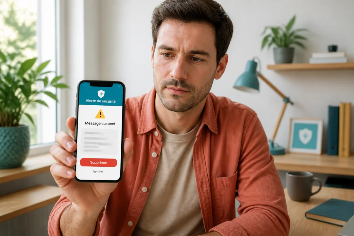 Personne vérifiant un message suspect sur smartphone pour sécuriser son appareil contre les arnaques numériques