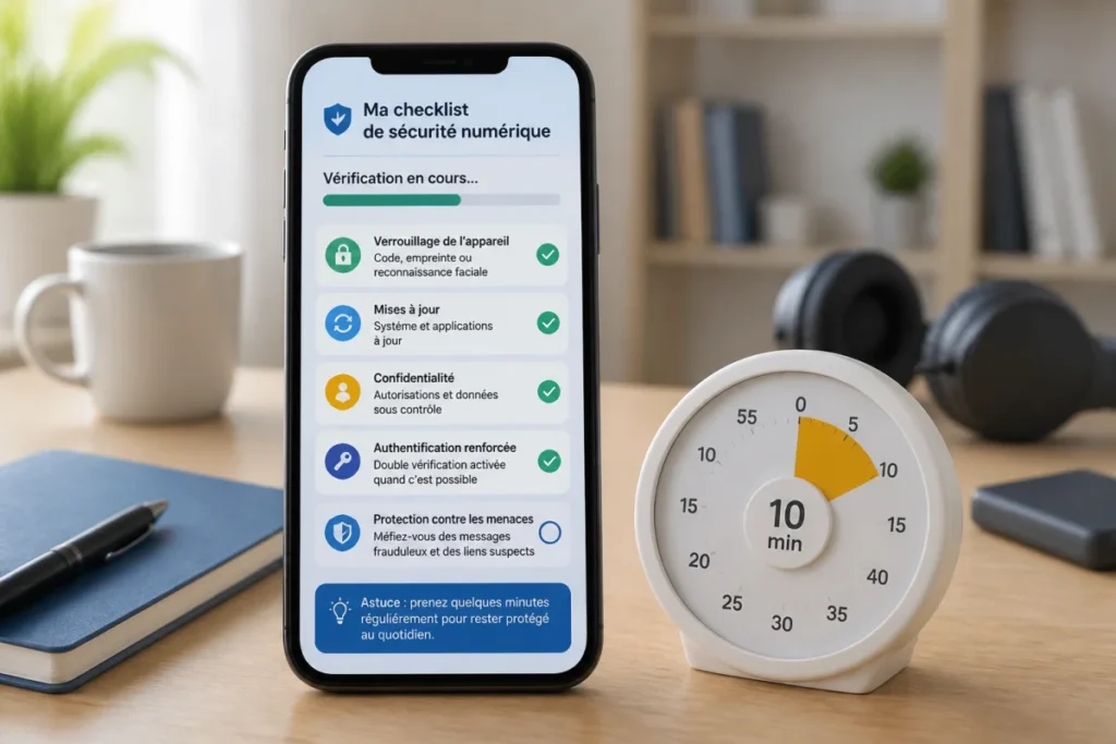 Comment sécuriser son smartphone contre les arnaques au quotidien Smartphone affichant une checklist de sécurité numérique pour sécuriser son smartphone contre les arnaques, avec minuterie de dix minutes.