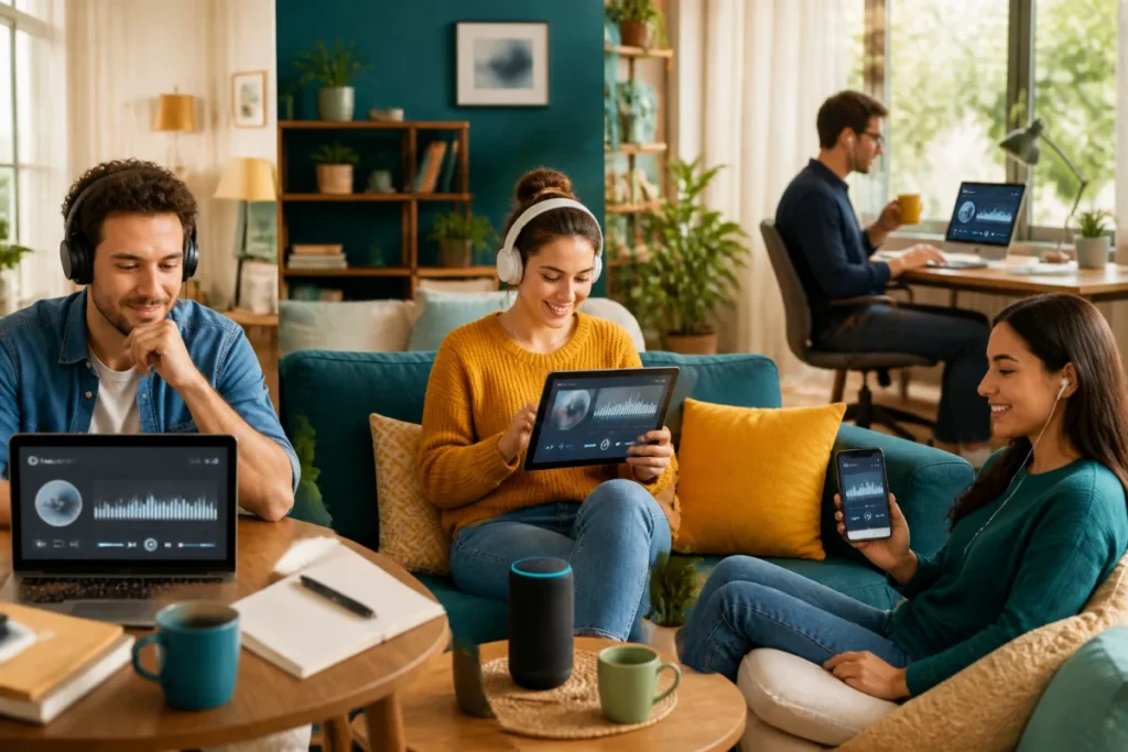 Simradio pour découvrir la radio en ligne autrement Auditeurs découvrant Simradio sur ordinateur, tablette, smartphone et enceinte connectée dans un intérieur contemporain lumineux