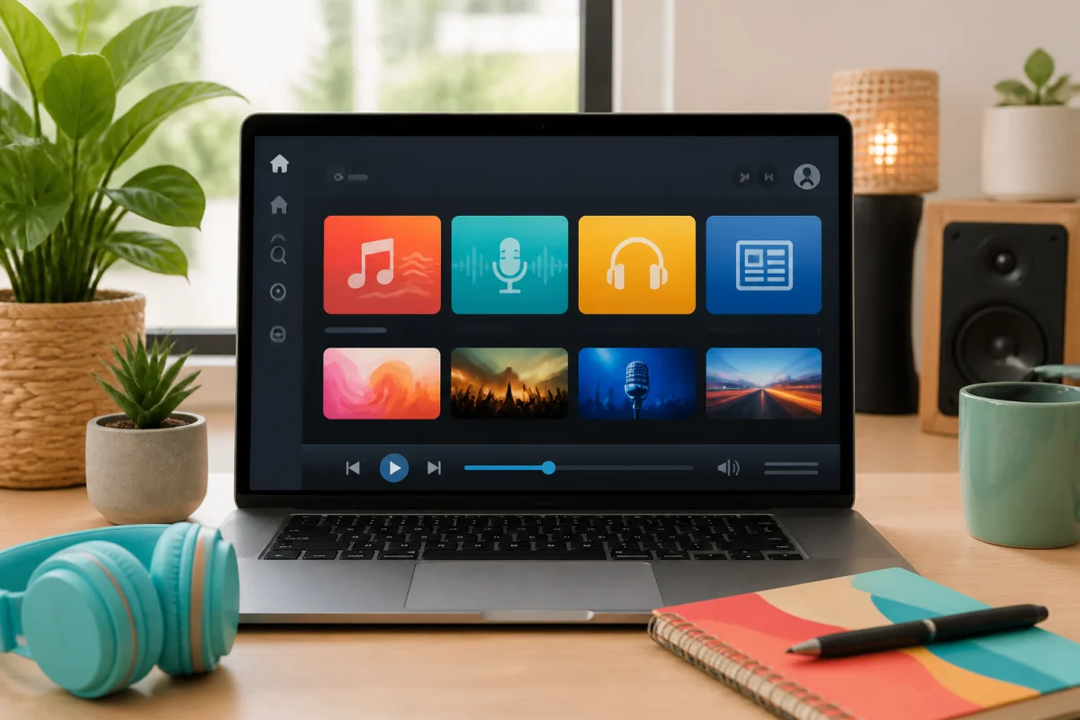 Ordinateur portable affichant Simradio, une plateforme de radio en ligne avec musique, podcasts, émissions et actualités variées
