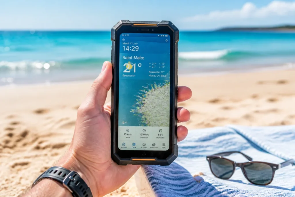 Comment choisir un smartphone pour voyager sereinement Smartphone robuste affichant une carte côtière et la météo, tenu face à une plage ensoleillée pour voyager sereinement
