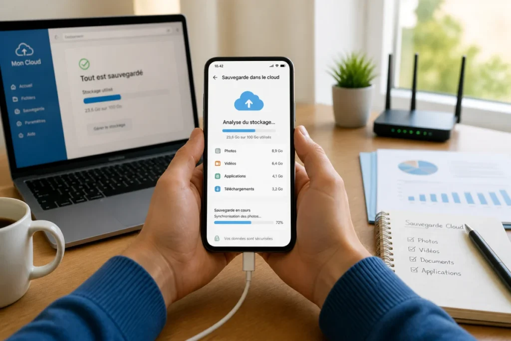 Personne configurant le stockage cloud pour smartphone, avec sauvegarde des photos et analyse des fichiers affichées à l’écran
