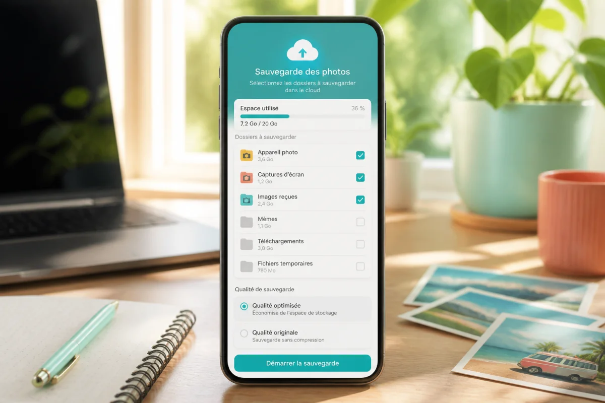 Smartphone affichant une interface de sauvegarde photo et de sélection de qualité pour le stockage cloud mobile
