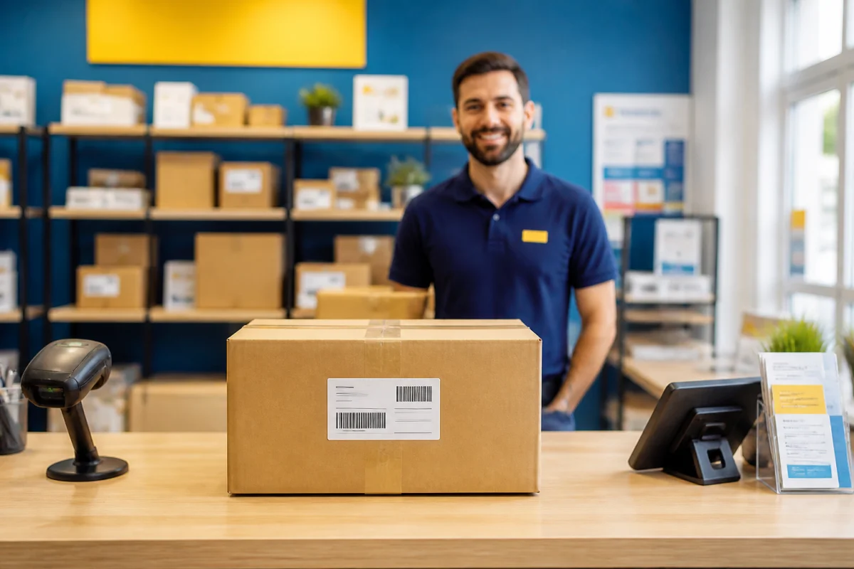 Colis emballé déposé au comptoir d’un point relais, avec scanner et terminal pour suivre un colis en ligne