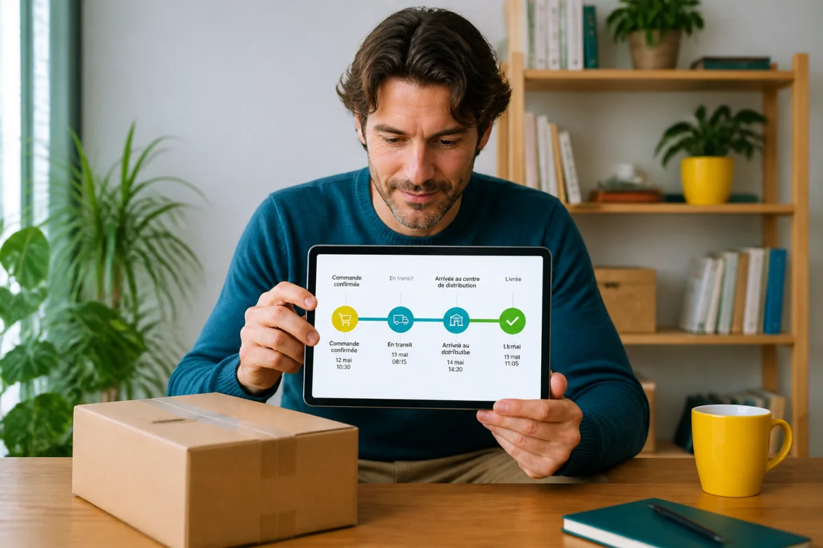 Personne consultant le suivi d’un colis en ligne sur tablette, avec une boîte d’expédition et une frise de livraison visible.